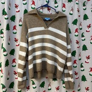 CeCe Brown and White V-Neck Sweater